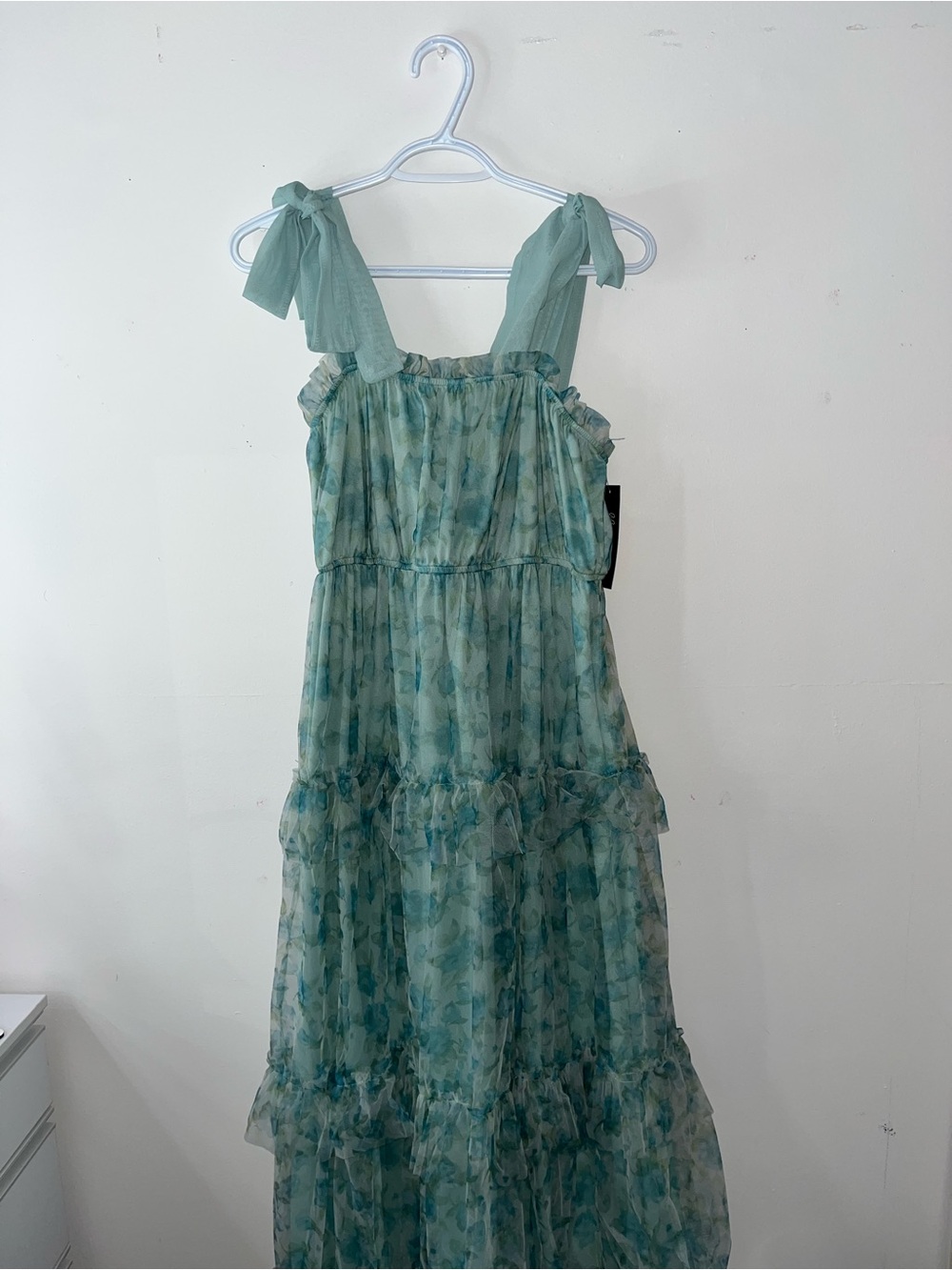 Seafoam Green Tiered Chiffon Dress with Bow Straps Marbella